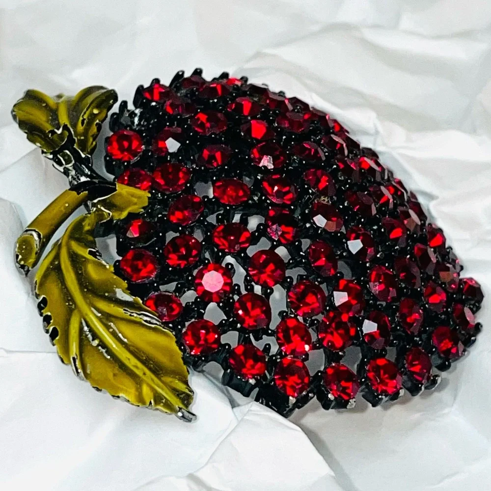 Weiss Red Rhinestone Apple Brooch Pin, Japanned Black Setting, Enamel Leaves